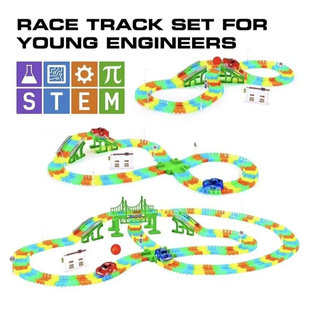 SNAP N GLOW TRAX LIGHT SPEEDWAY SET Racetrack 2 LED CARS Glow in the dark